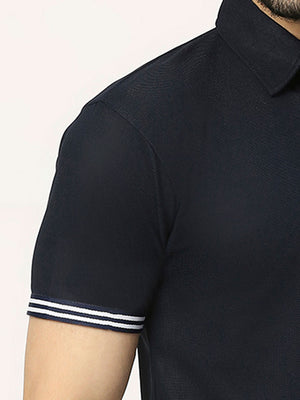 Men's Striped Sports Polo - Navy Blue
