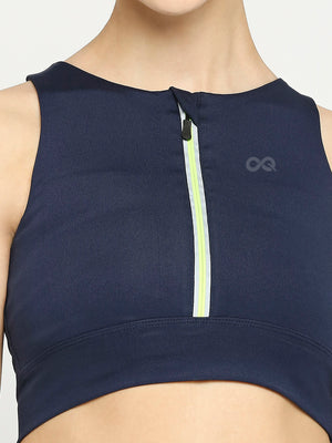 Women's Sports Bra with Zipper - Navy Blue