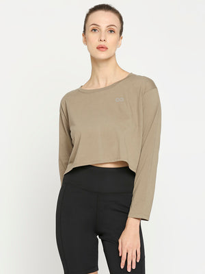 Women's Long Sleeves Sports Cropped T-Shirt - Mud Brown