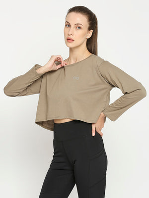 Women's Long Sleeves Sports Cropped T-Shirt - Mud Brown
