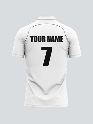 Customise Men Cricket Whites 2-Way Stretch with Black Pipping Solid Polo Jersey-1909CWJ