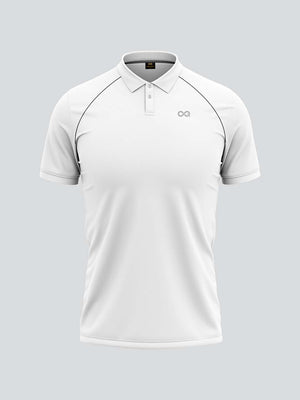 Customise Men Cricket Whites 2-Way Stretch with Black Pipping Solid Polo Jersey-1909CWJ
