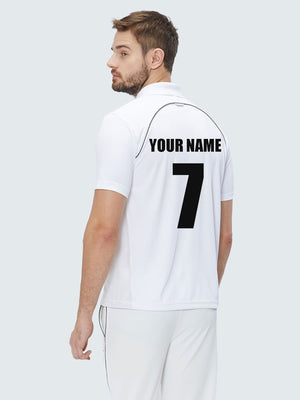 Customise Men Cricket Whites 2-Way Stretch with Black Pipping Solid Polo Jersey-1909CWJ