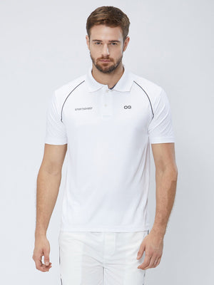 Customise Men Cricket Whites 2-Way Stretch with Black Pipping Solid Polo Jersey-1909CWJ