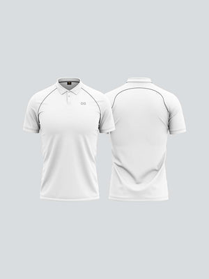 Men Cricket Whites 2-Way Stretch With Black Pipping Solid Polo Jersey-A10010WH