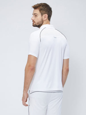 Men Cricket Whites 2-Way Stretch Black Piping Solid Polo Jersey-A1007WH