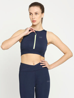 Women's Sports Bra with Zipper - Navy Blue - 6