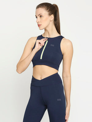 Women's Sports Bra with Zipper - Navy Blue - 3