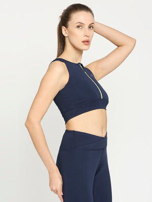 Women's Sports Bra with Zipper - Navy Blue - 4