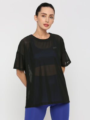 Women's Black Oversized Sports T-Shirt with Mesh - 1