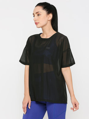 Women's Black Oversized Sports T-Shirt with Mesh - 3