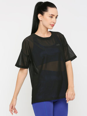 Women's Black Oversized Sports T-Shirt with Mesh - 4