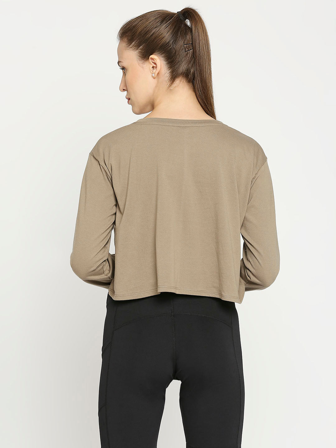 Women&#39;s Long Sleeves Sports Cropped T-Shirt - Mud Brown