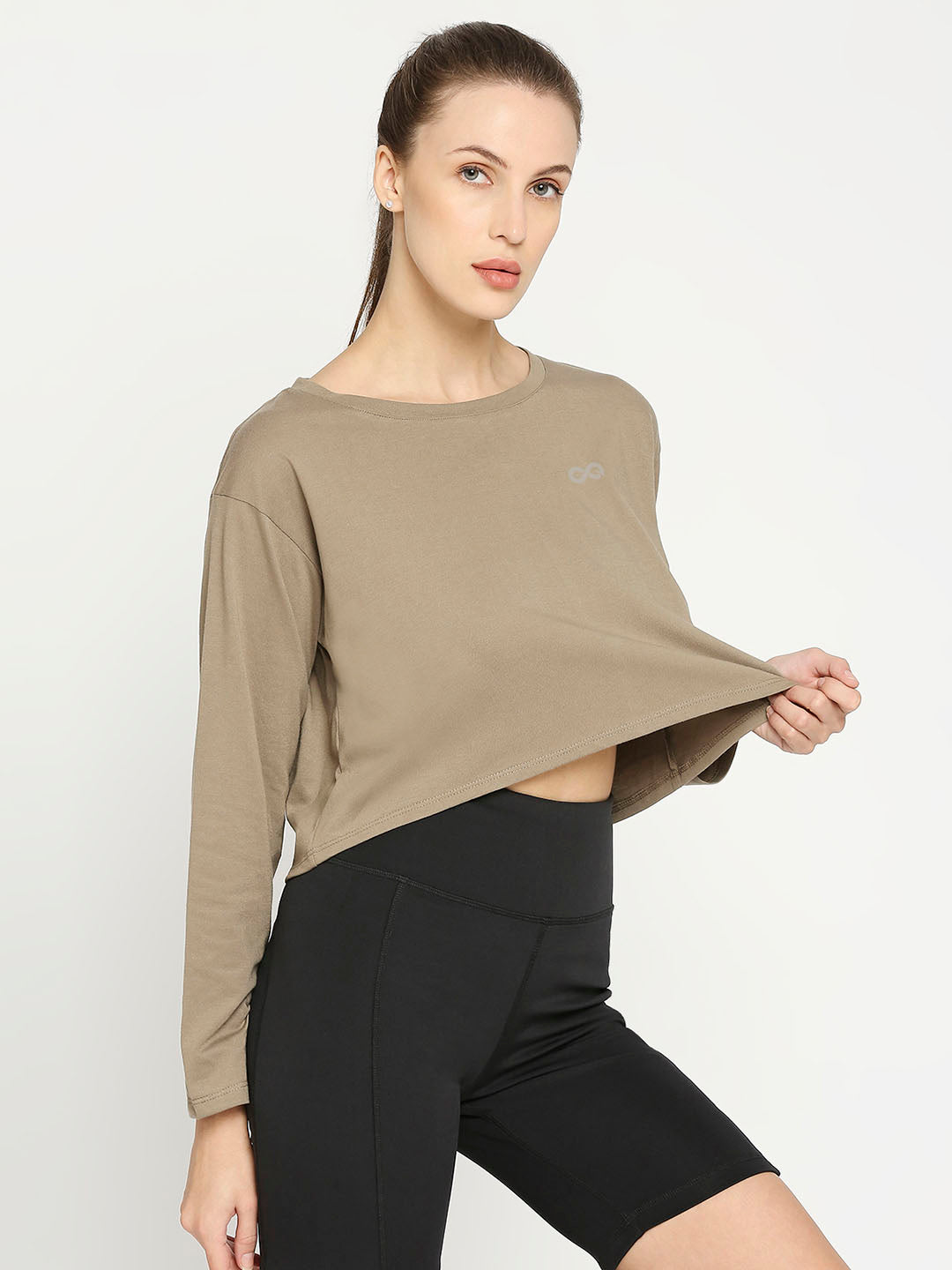Women&#39;s Long Sleeves Sports Cropped T-Shirt - Mud Brown