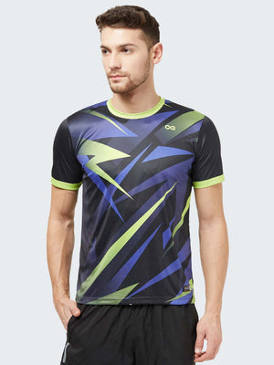 Men's Abstract Active Sports T-Shirt: Black & Neon Green - Front