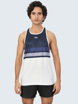 Men's Striped Active Gym Vest: Navy Blue & White - Front
