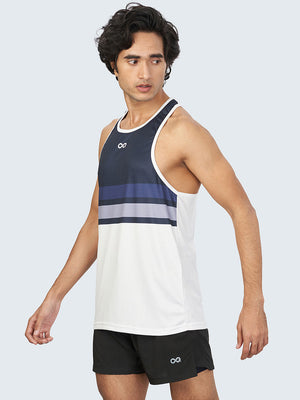 Men's Striped Active Gym Vest: Navy Blue & White - Side