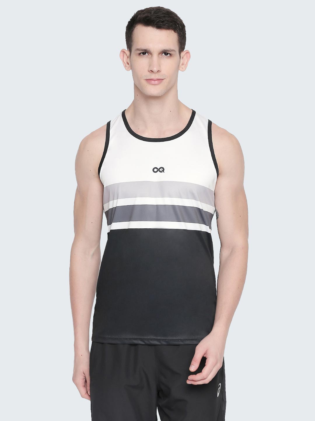 Men&#39;s Striped Active Gym Vest: White &amp; Black - Front
