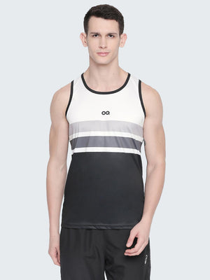 Men's Striped Active Gym Vest: White & Black - Front