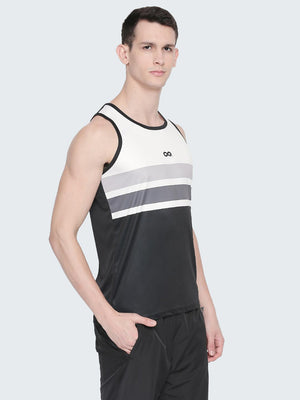 Men's Striped Active Gym Vest: White & Black - Side