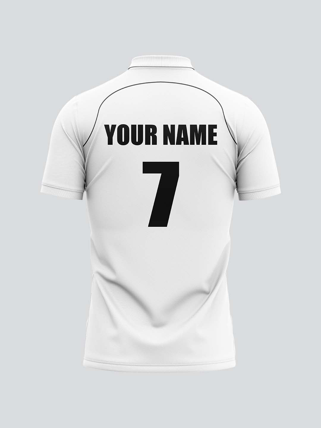 Customise Men Cricket Whites 2-Way Stretch with Black Pipping Solid Polo Jersey-1909CWJ