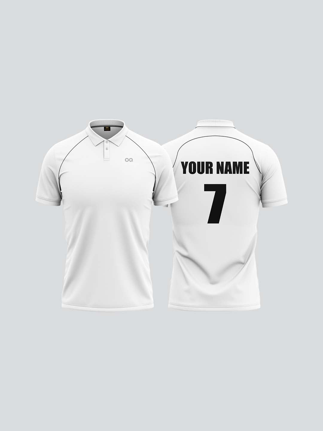 Customise Men Cricket Whites 2-Way Stretch with Black Pipping Solid Polo Jersey-1909CWJ