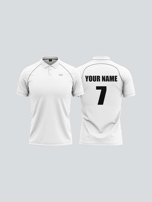 Customise Men Cricket Whites 2-Way Stretch with Black Pipping Solid Polo Jersey-1909CWJ