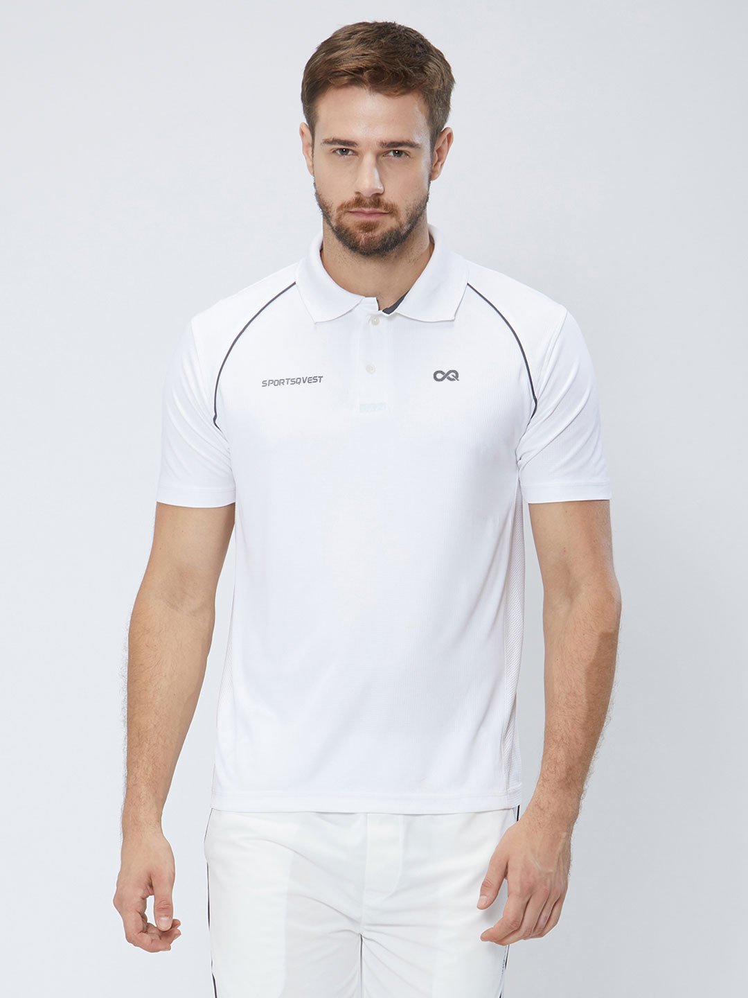 Customise Men Cricket Whites 2-Way Stretch with Black Pipping Solid Polo Jersey-1909CWJ