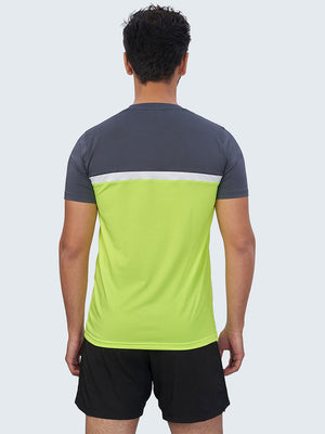 Men's Striped Active Sports T-Shirt: Neon Green & Grey - Side