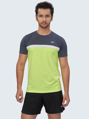 Men's Striped Active Sports T-Shirt: Neon Green & Grey - Front