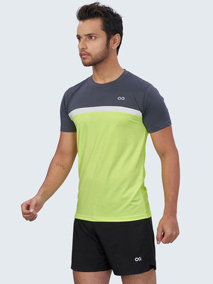 Men's Striped Active Sports T-Shirt: Neon Green & Grey - Back