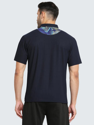 Men's Abstract Active Zipper Polo T-Shirt: Navy Blue
