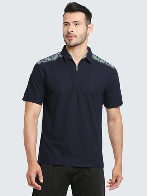 Men's Abstract Active Zipper Polo T-Shirt: Navy Blue