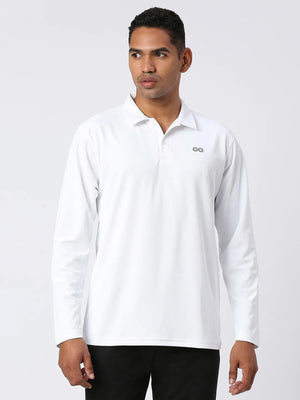 Men's Sports Polo Shirt - White, Long Sleeves - Front