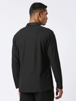 Men's Sports Polo Shirt - Black, Long Sleeves - Back