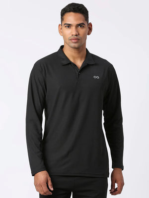 Men's Sports Polo Shirt - Black, Long Sleeves - Front
