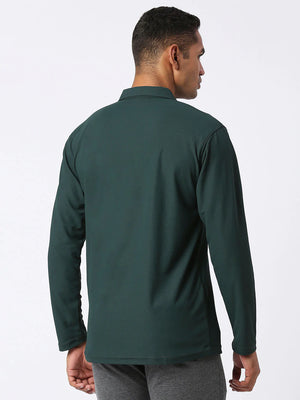 Men's Sports Polo Shirt - Dark Green, Long Sleeves - Back