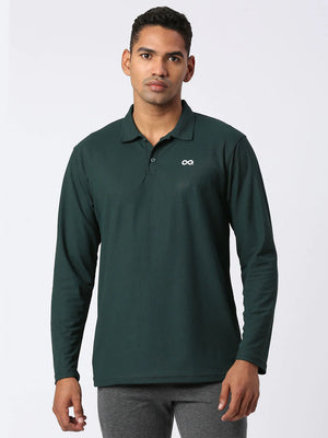 Men's Sports Polo Shirt - Dark Green, Long Sleeves - Front