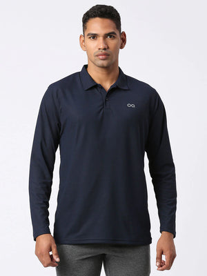 Men's Sports Polo Shirt - Navy Blue, Long Sleeves - Front