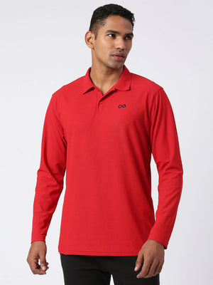 Men's Sports Polo Shirt - Red, Long Sleeves - Front