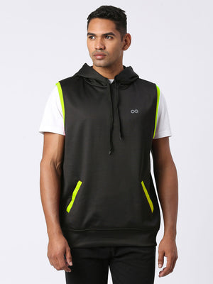 Men's Sports Vest Hoodie - Black & Neon Green (Front)