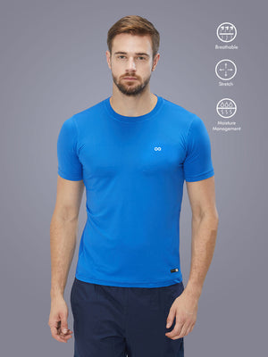 Men Blue Stretch Solid Round Neck Premium T-shirt - A10026BL