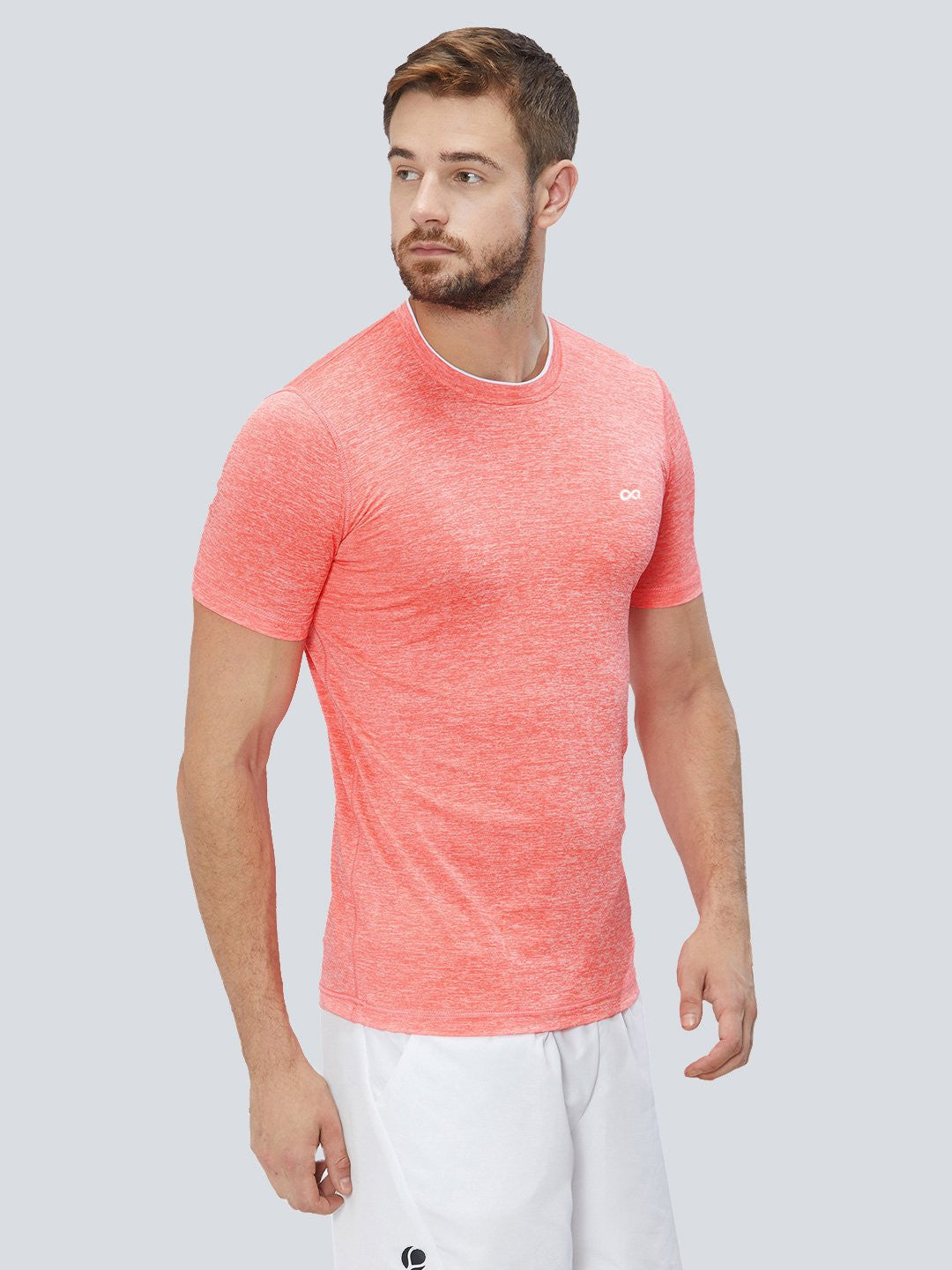 Men Peach 2-Way Stretch Self Design Round Neck T-shirt Sportsqvest