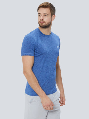 Men Dark Blue 2-Way Stretch Self Design Round Neck T-shirt Sportsqvest