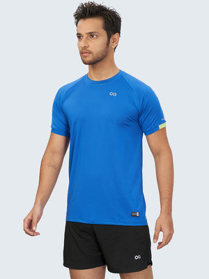 Men Blue Stretch Solid Round Neck Active T-shirt - A10060BL
