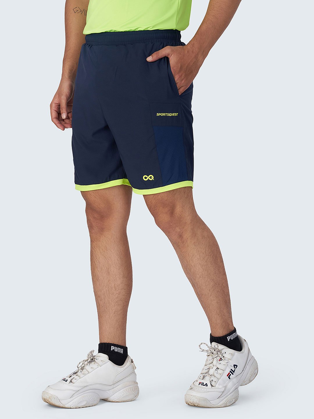 Men's Active Sports Shorts with Neon Piping: Navy Blue - Front