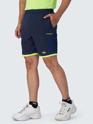 Men's Active Sports Shorts with Neon Piping: Navy Blue - Side