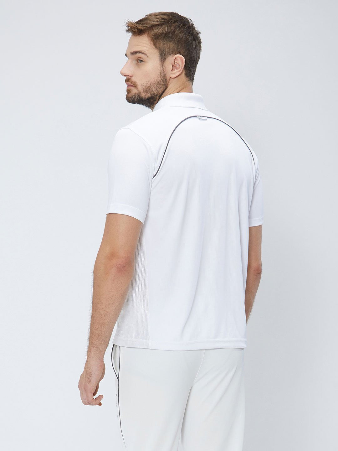 Men Cricket Whites 2-Way Stretch With Black Pipping Solid Polo Jersey-A10010WH