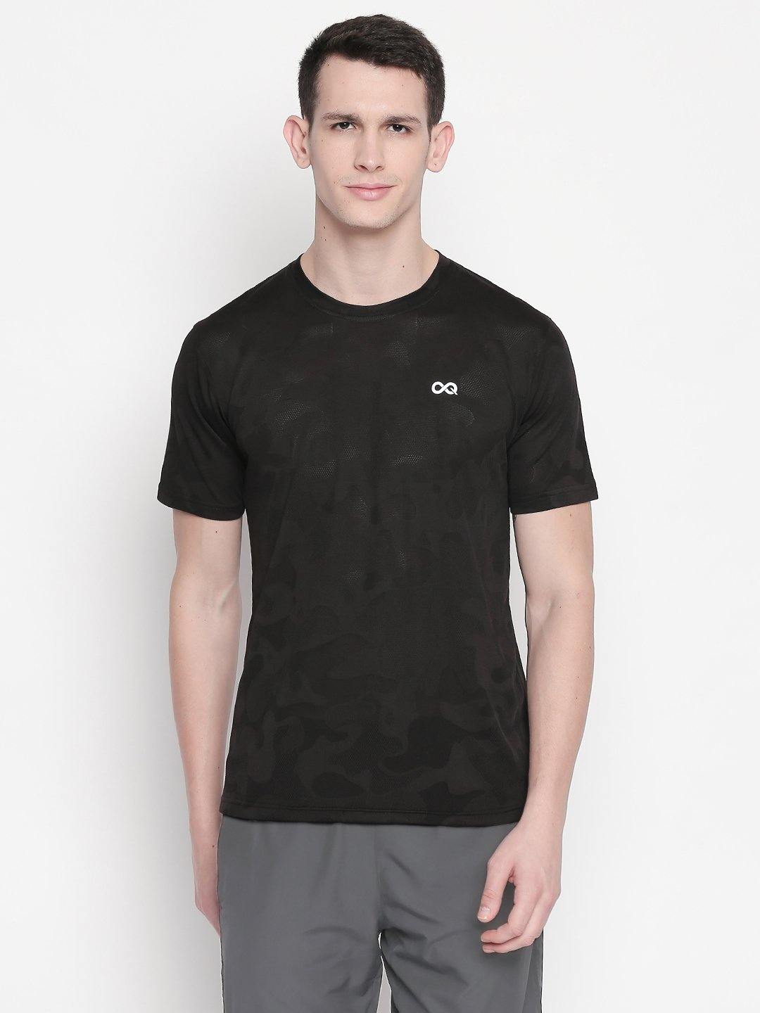 Men Black Round Neck Camouflage Self Design T shirt A10110BK