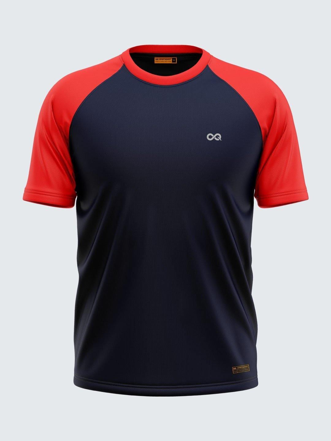 Red and store blue raglan shirt